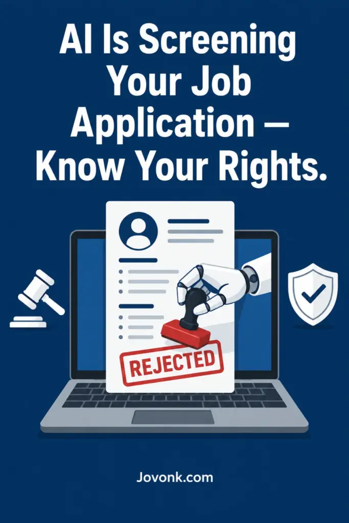 Robotic hand rejecting a resume on a laptop screen — AI used in hiring discrimination rights explained