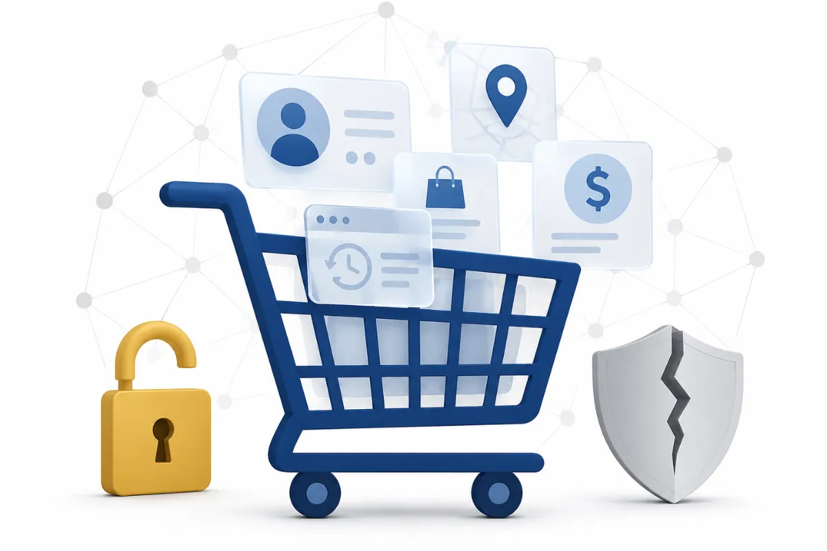 Shopping cart filled with personal data icons and dollar signs can companies sell your personal data