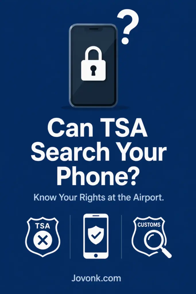 Phone with padlock and TSA vs CBP badge icons can TSA search your phone, airport digital privacy rights explained