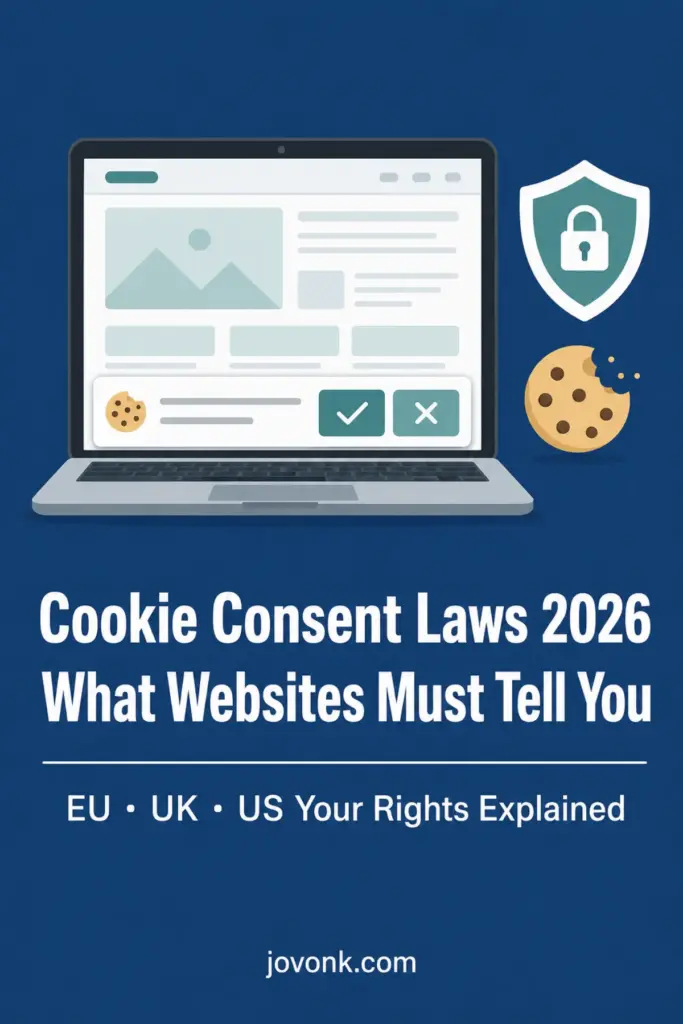 Cookie consent laws 2026 Pinterest graphic with laptop showing consent banner and shield icon