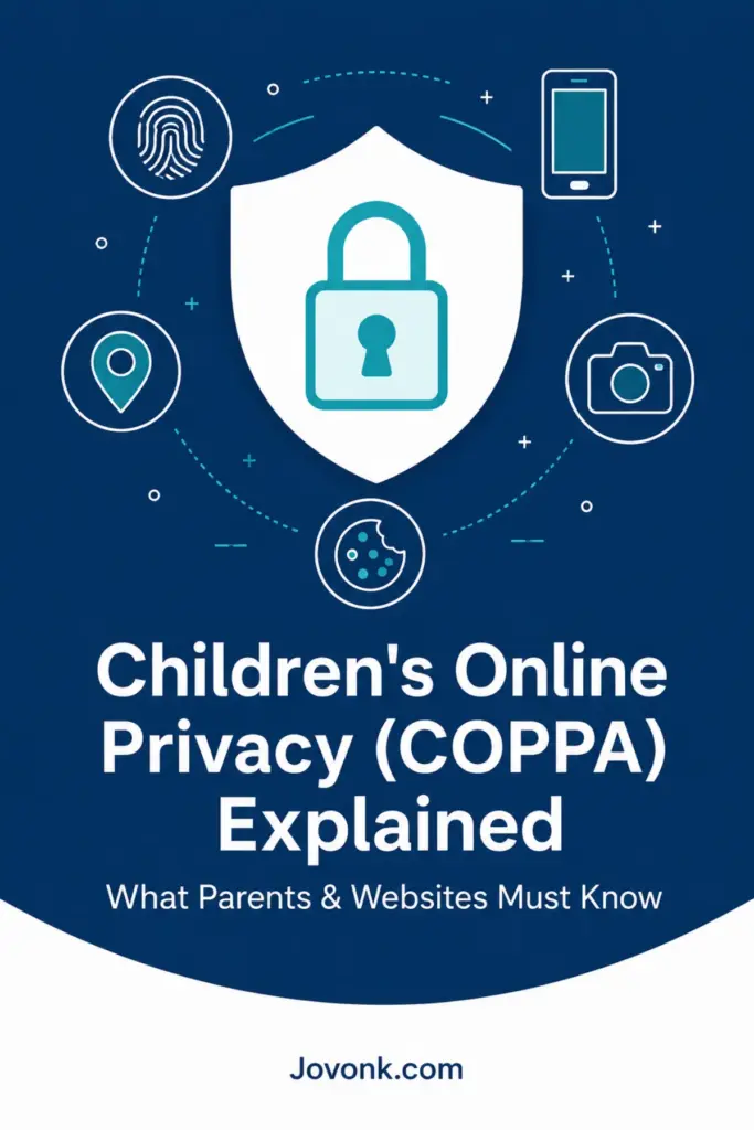 Pinterest graphic explaining children online privacy COPPA — shield protecting kids' data online