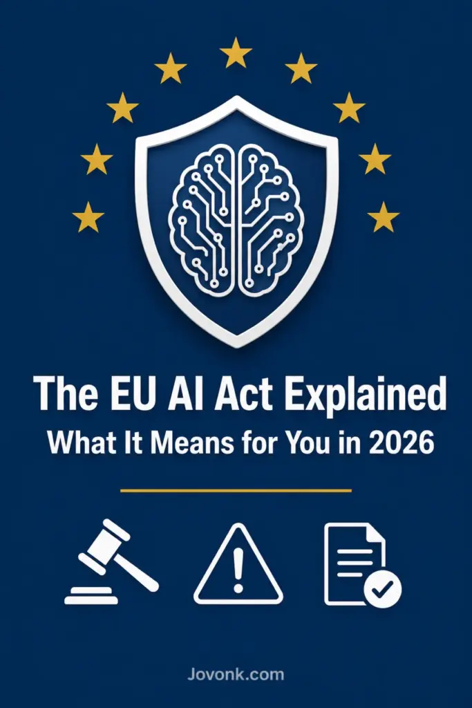 Pinterest graphic for the EU AI Act explained — shield icon, gavel, and EU stars on navy background