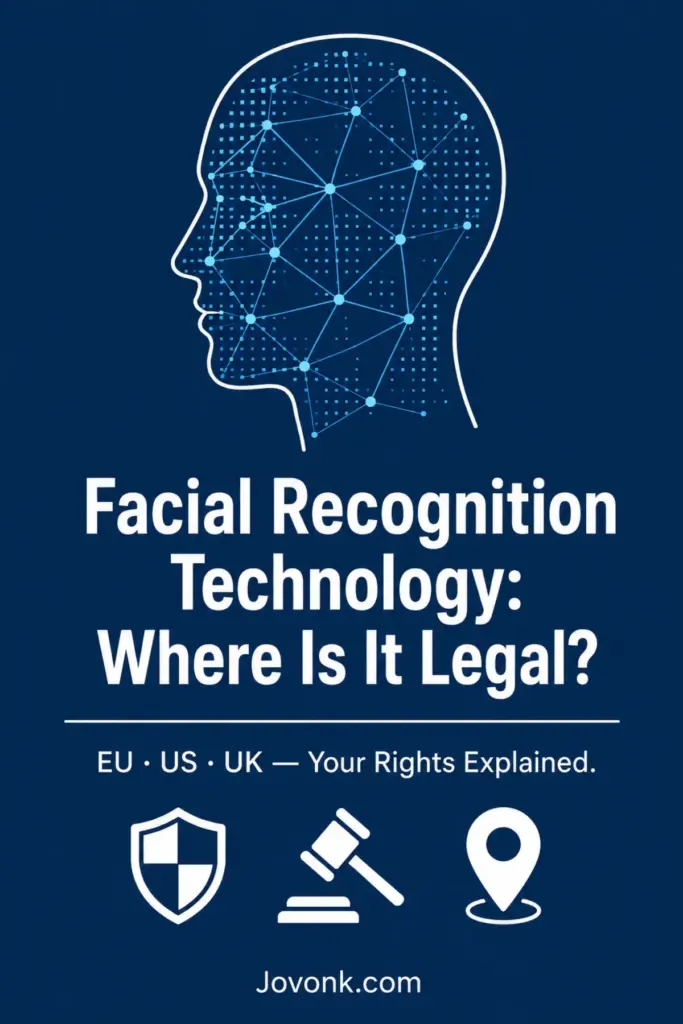 Pinterest graphic about facial recognition legal issues with scan grid face icon, shield, and gavel on navy background