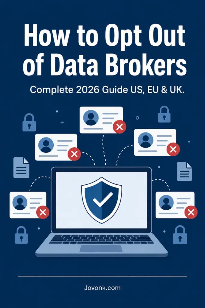 Pinterest graphic for how to opt out of data brokers with shield, laptop, and deletion icons