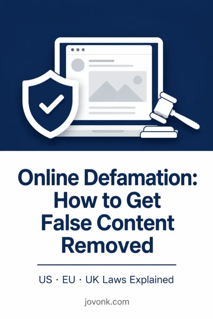 Pinterest graphic about online defamation how to take down content under US, EU, and UK law