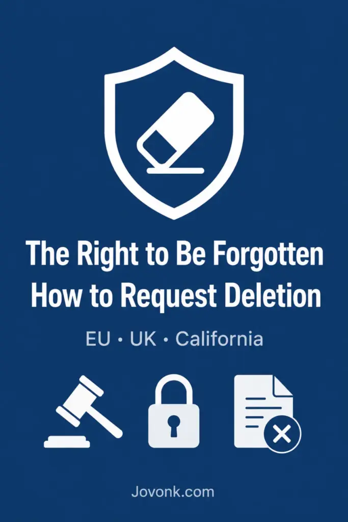 Right to be forgotten how to request deletion EU GDPR, UK and California law guide with shield and gavel icons