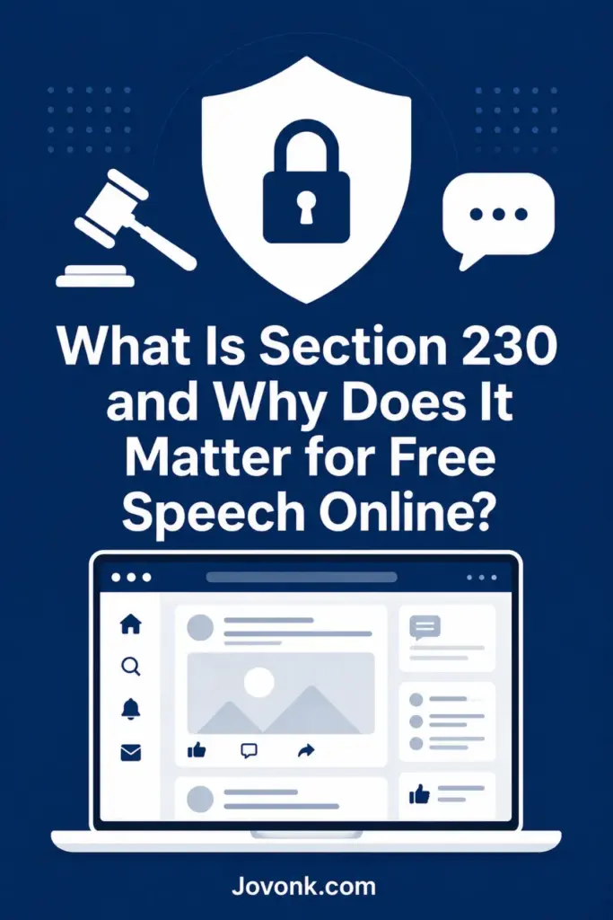 Shield with lock and gavel icons over social media feed section 230 explained for free speech online