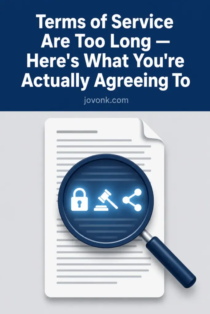  Magnifying glass revealing hidden clauses in a terms of service document — what am I agreeing to explained