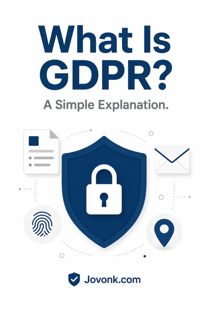 GDPR simple explanation Pinterest graphic with shield and personal data icons