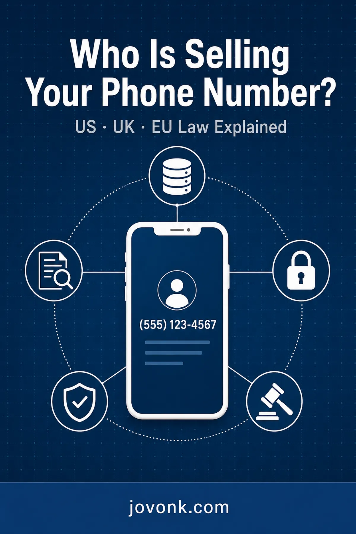 Smartphone surrounded by data broker icons — who is selling my phone number, US UK EU privacy law