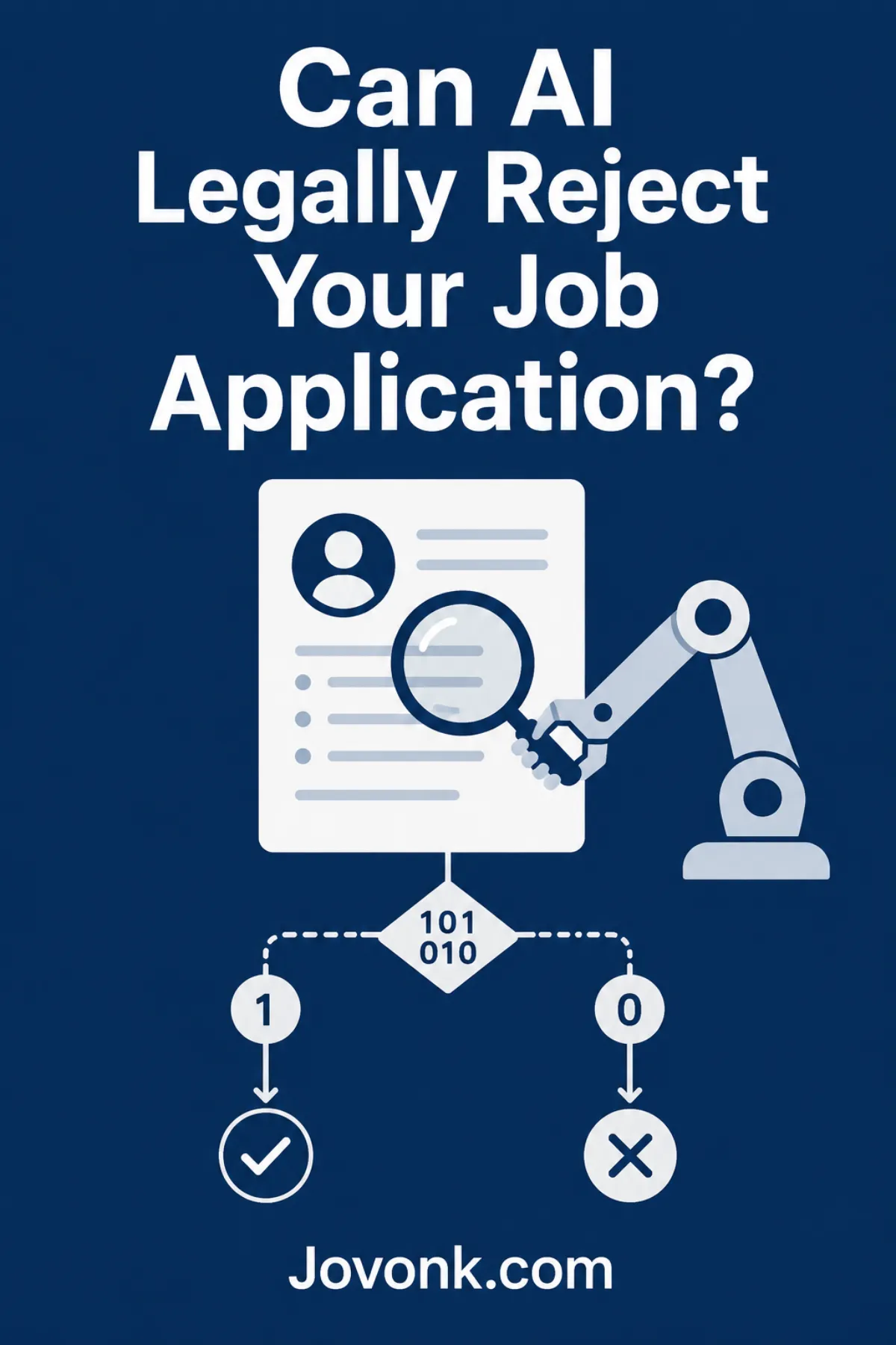 AI hiring discrimination explainer Pinterest graphic with resume screening icon and legal scales on navy background