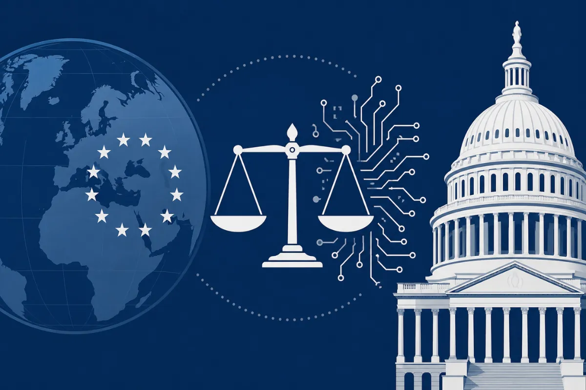 EU and US legal symbols flanking AI circuit scales, illustrating AI hiring law differences across jurisdictions