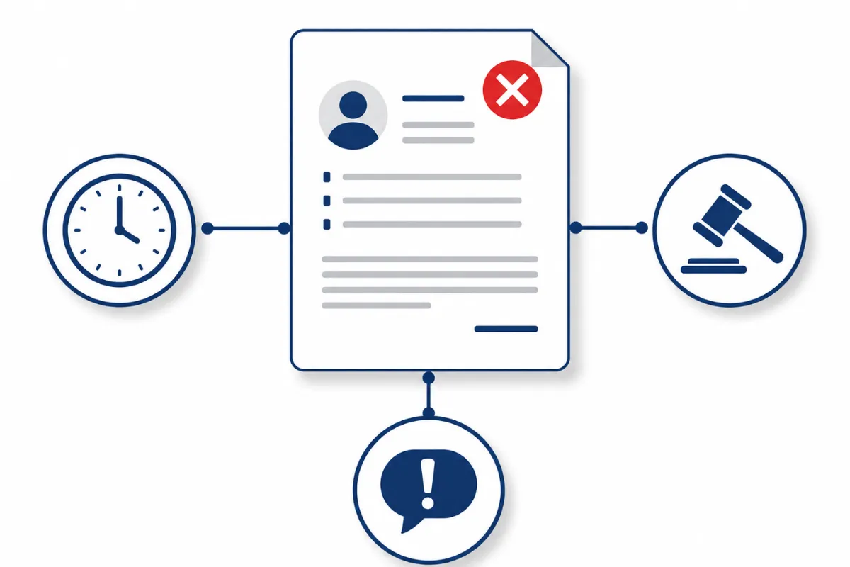 Employment file with deadline clock and gavel icons representing steps to take after experiencing workplace discrimination