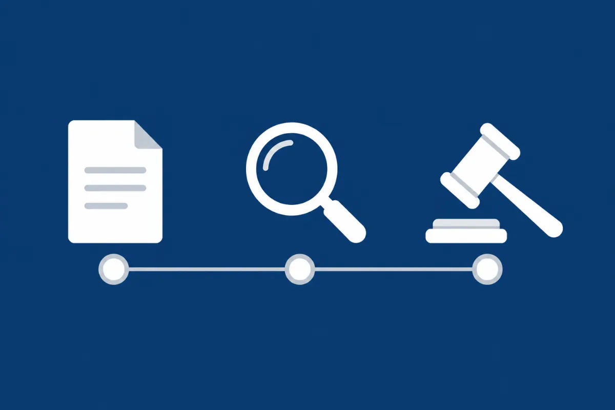 Employment discrimination case process: EEOC charge, investigation, and legal outcome illustrated