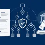 Algorithm flowchart filtering a resume beside a legal gavel, representing AI hiring discrimination law