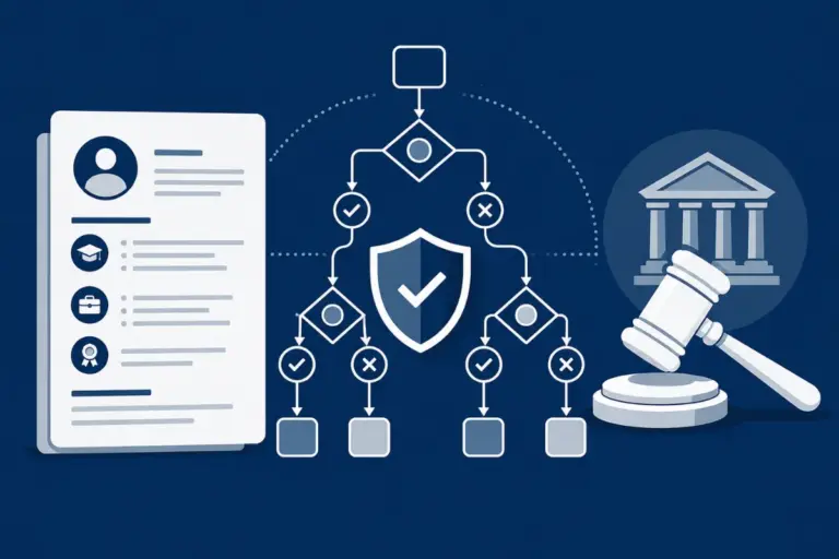 Algorithm flowchart filtering a resume beside a legal gavel, representing AI hiring discrimination law