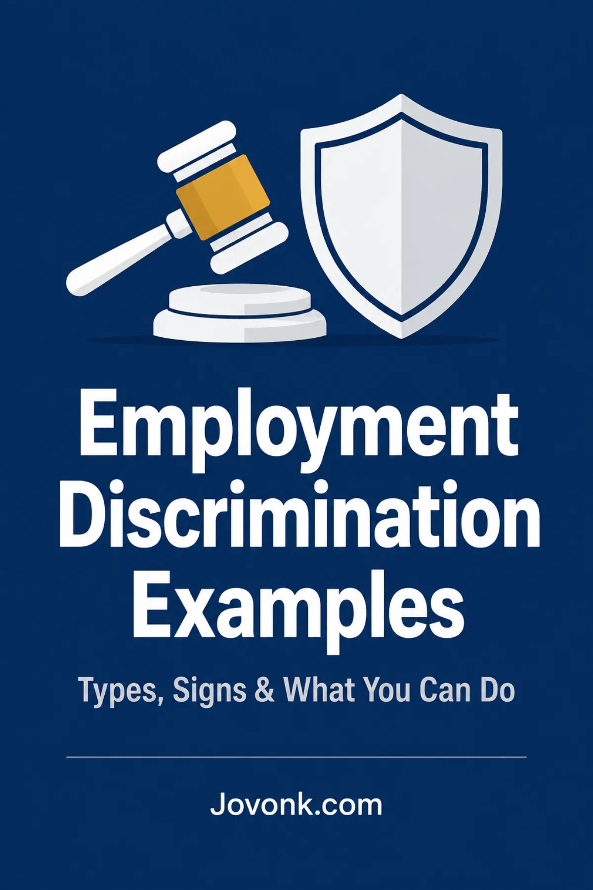 Gavel and shield icons above text: Employment Discrimination Examples Types, Signs and What You Can Do | Jovonk.com