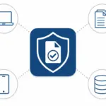 Shield and document icon connected to broker icons, representing the California Delete Act DROP tool