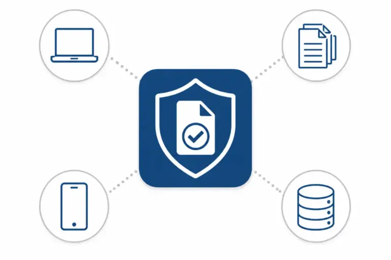 Shield and document icon connected to broker icons, representing the California Delete Act DROP tool