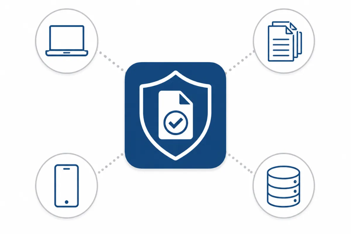 Shield and document icon connected to broker icons, representing the California Delete Act DROP tool