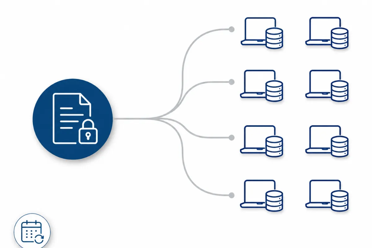 Lock and document icon branching out to multiple broker icons, showing how the DROP tool processes one request